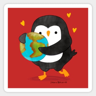 Penguin hugging the world Magnet